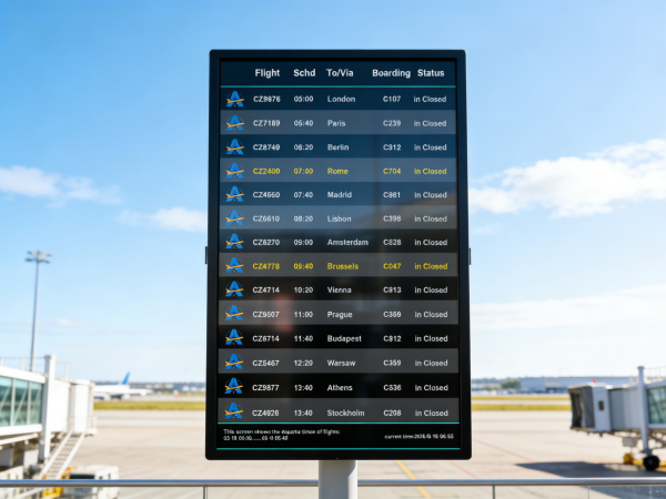 Ruggedized digital display suspended from the steel girders of a minimalist airport terminal.