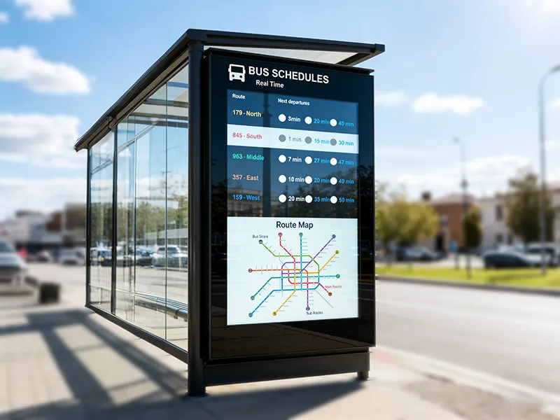 Ultra-wide stretched LCD display mounted flush against the clean ceiling of a modern bus or tram vehicle.