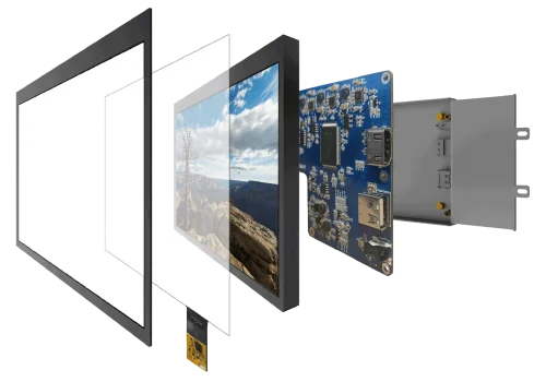 条形 LCD 光学贴合爆炸视图：盖板玻璃、光学贴合层、触控与密封结构 Stretched-bar LCD optical bonding exploded view